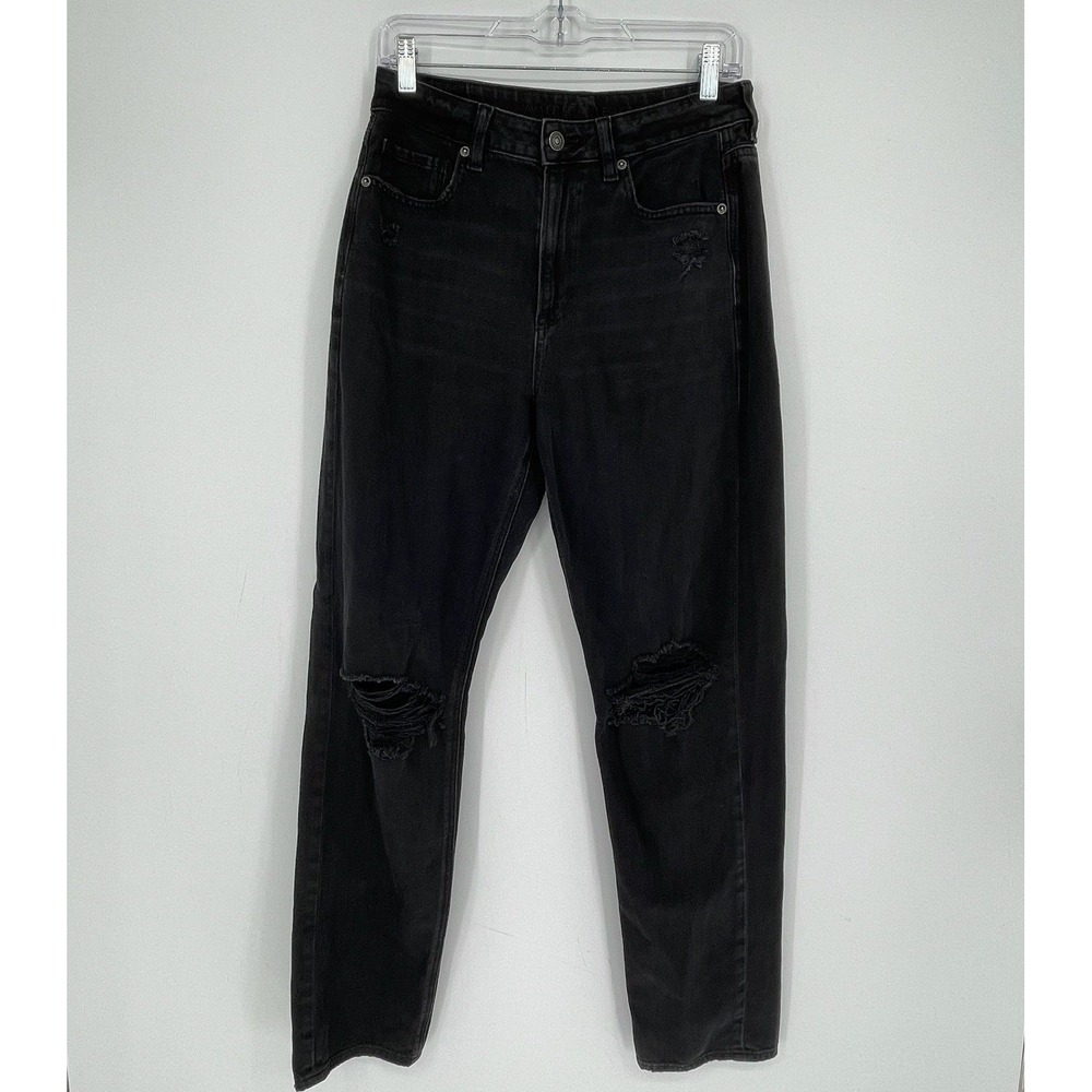 American Eagle Women's Black High Waisted Distressed Mom Jeans Size 8 Long